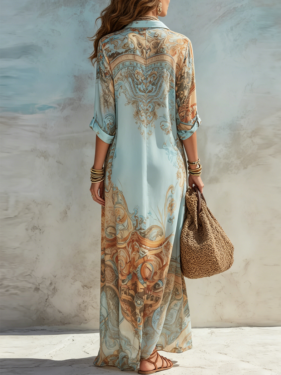 Back view of the flowing short sleeve maxi dress, emphasizing its graceful drape and soft movement.