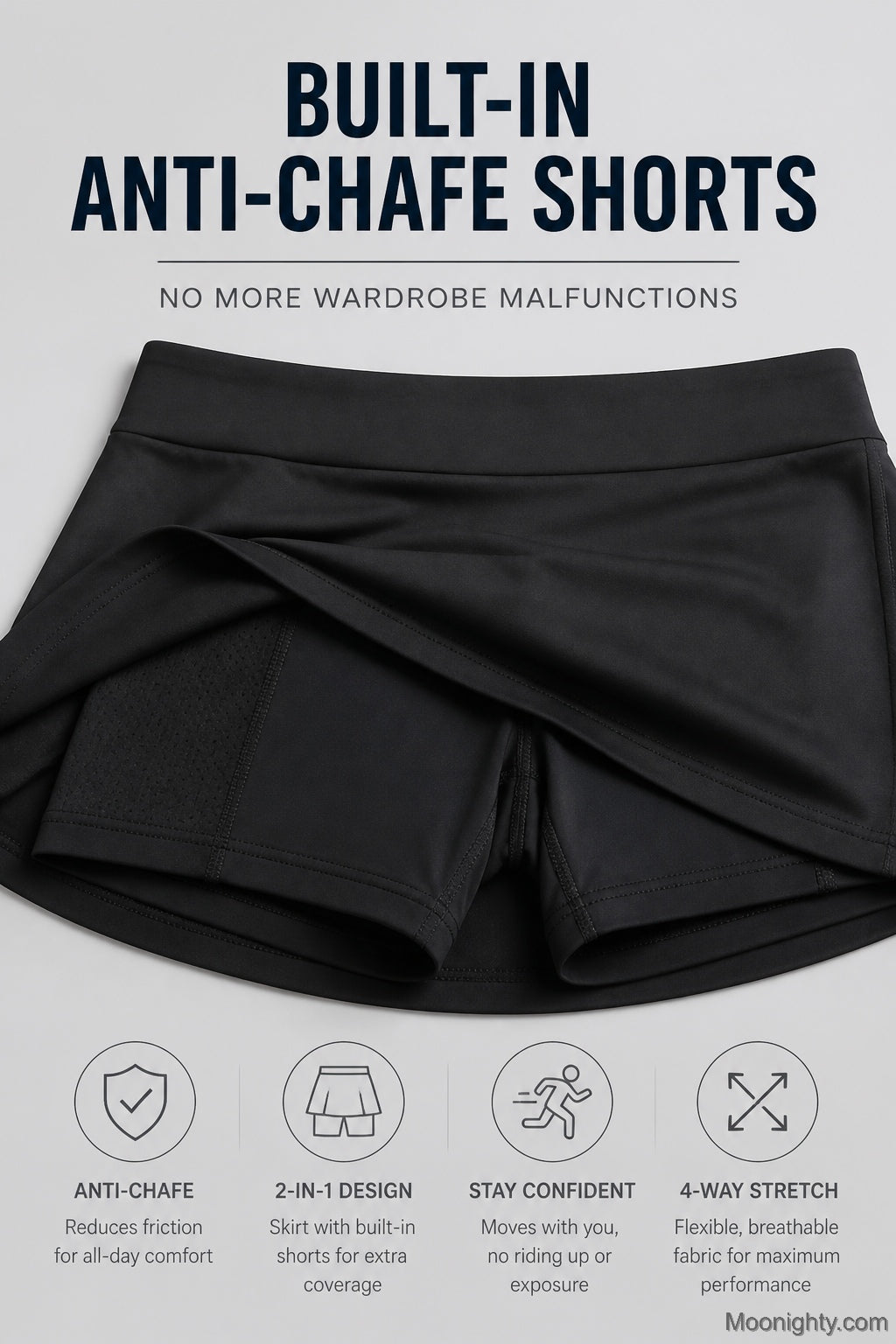 A stack of folded active skorts in various colors, showcasing the range of options.