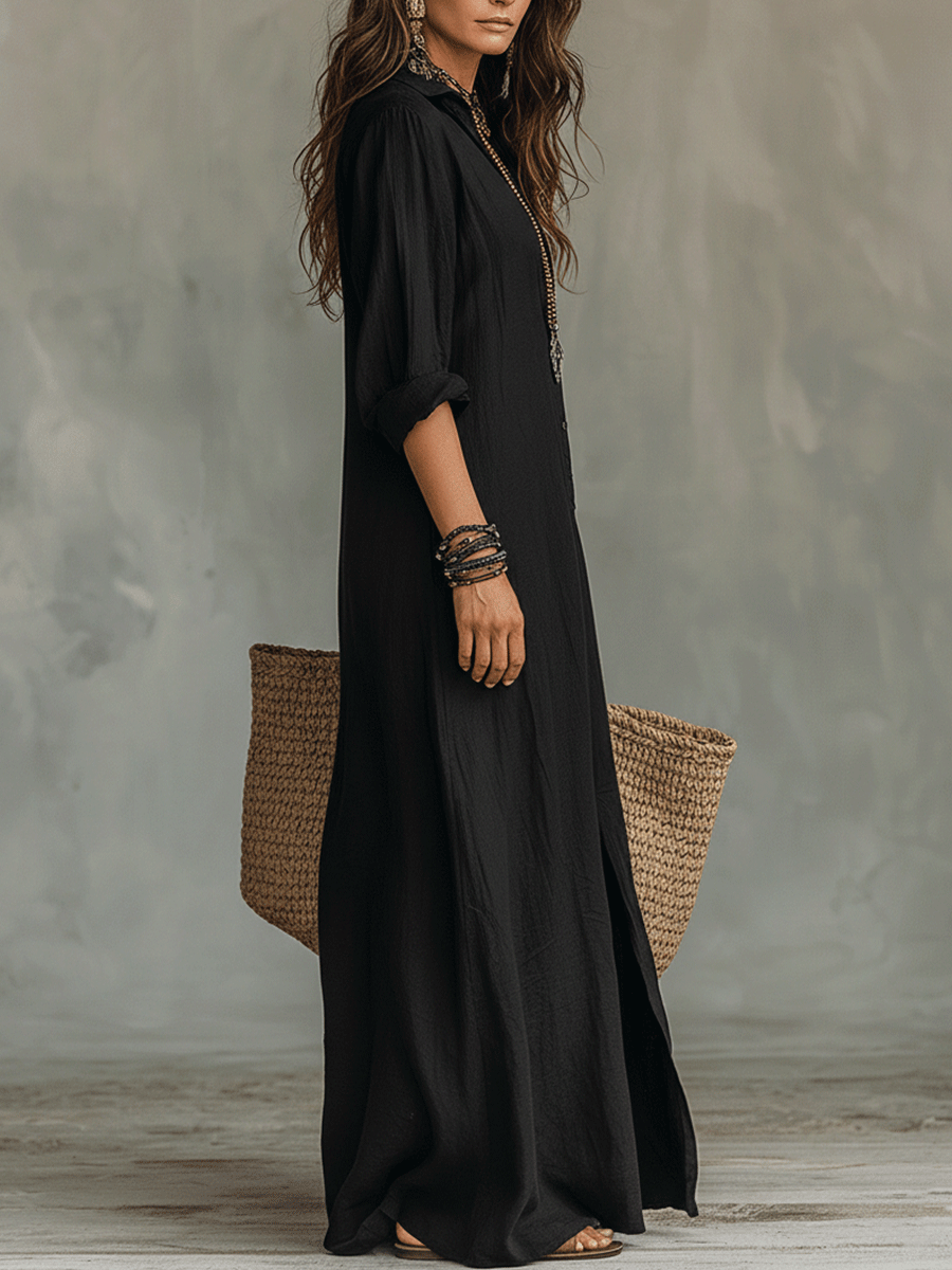 Full length view of the khaki long sleeve maxi dress, illustrating its sophisticated and elegant appeal.