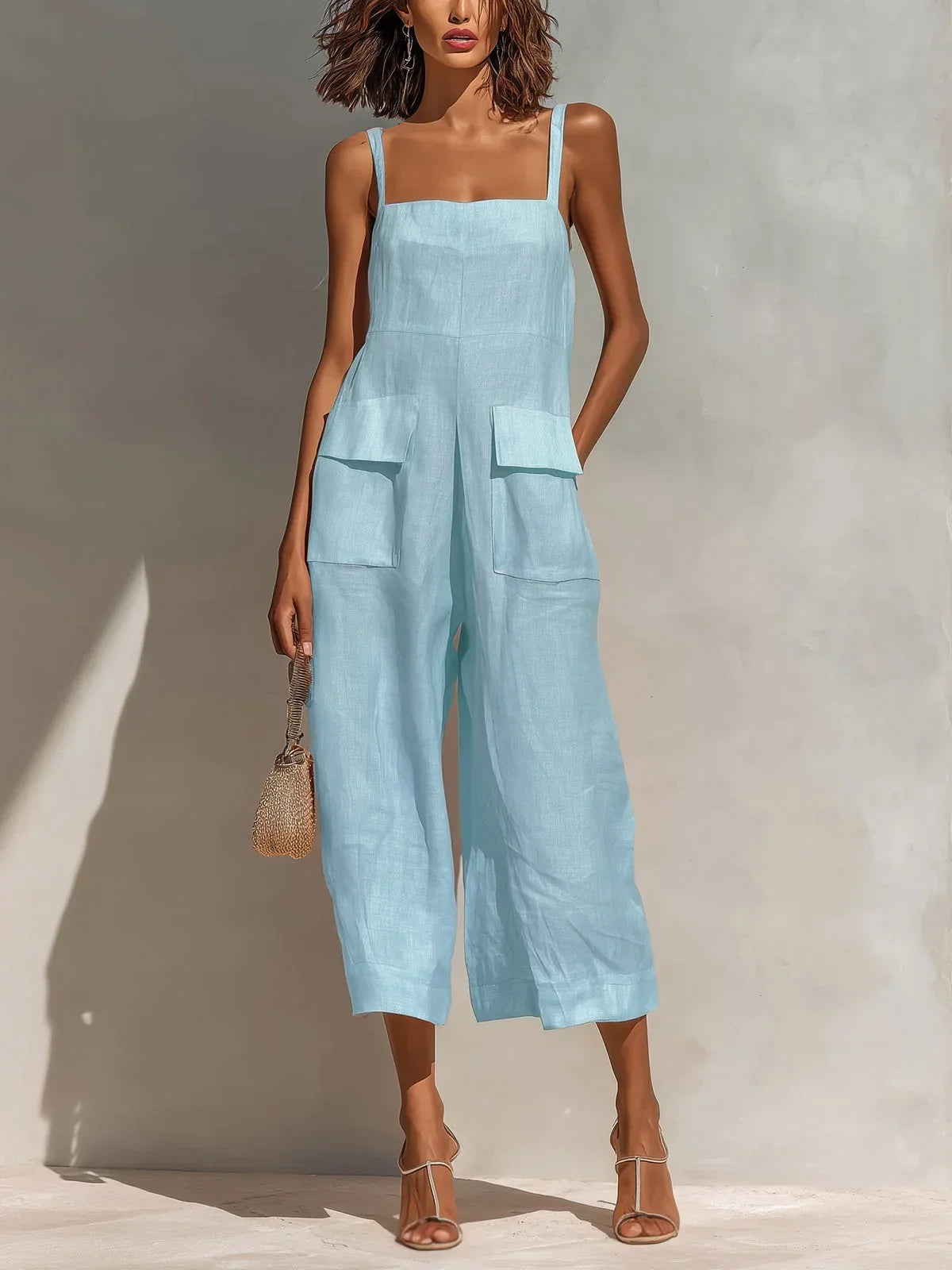 Back view of the light blue wide-leg jumpsuit, emphasizing the clean lines and comfortable drape of the garment.