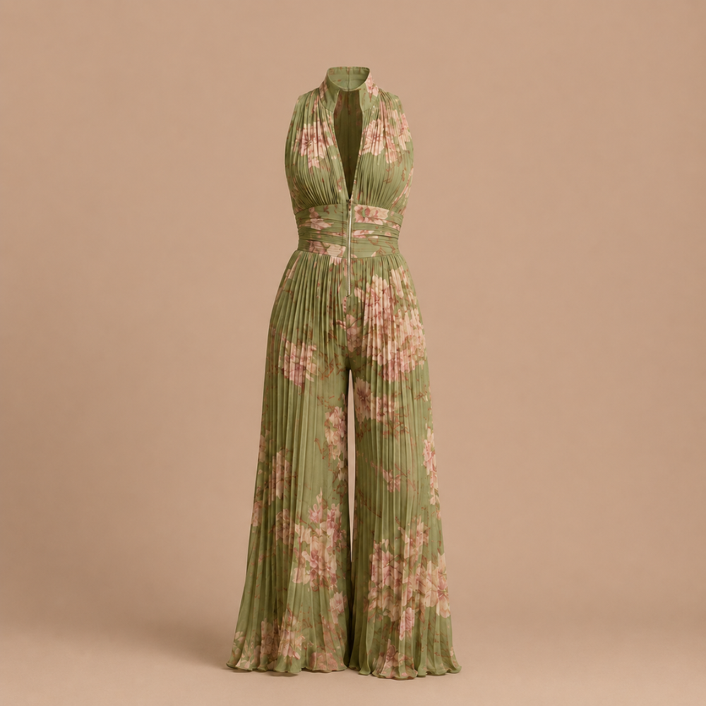 Side profile of the elegant wide-leg women's jumpsuit, showcasing its flowing silhouette and high waist.