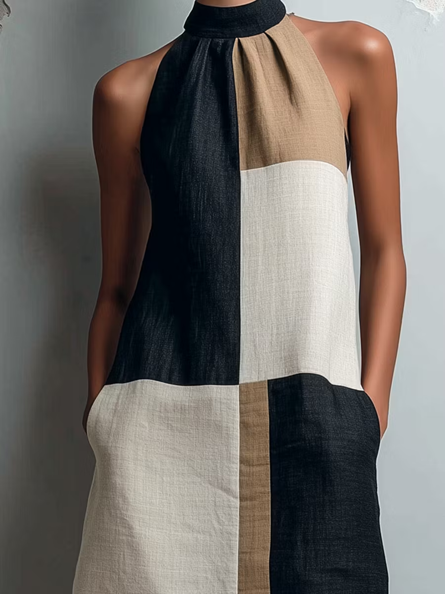 Close-up detail of the lightweight woven fabric and hidden side pocket on the stylish colorblock dress.