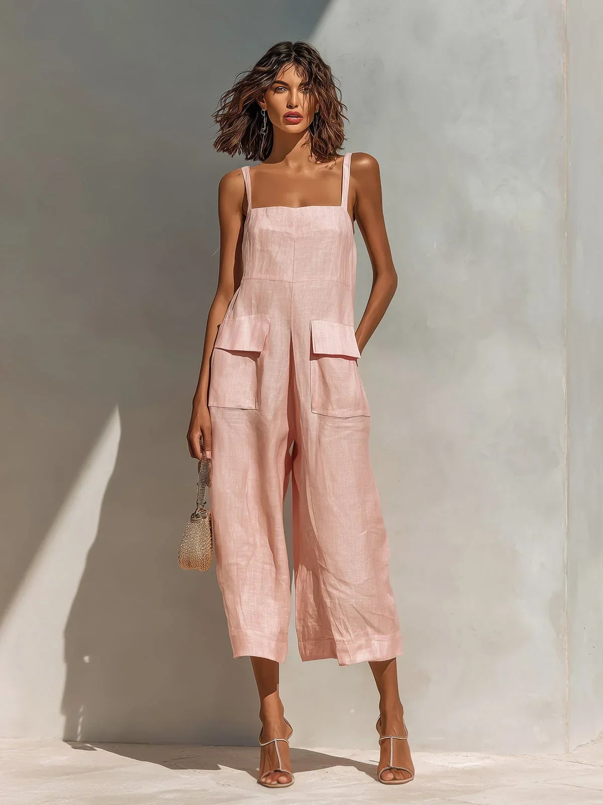 Model walking confidently in the pink Faylinn wide-leg jumpsuit, capturing its fluid movement and chic design.