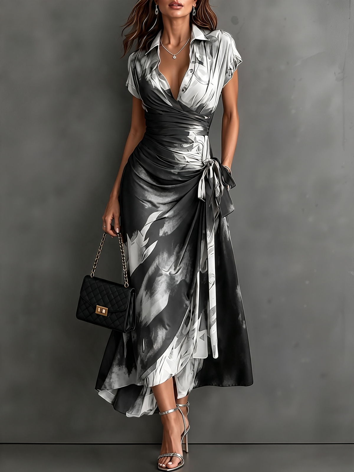 Model walking gracefully in the blue abstract print wrap maxi dress, showing the elegant flow of the skirt.