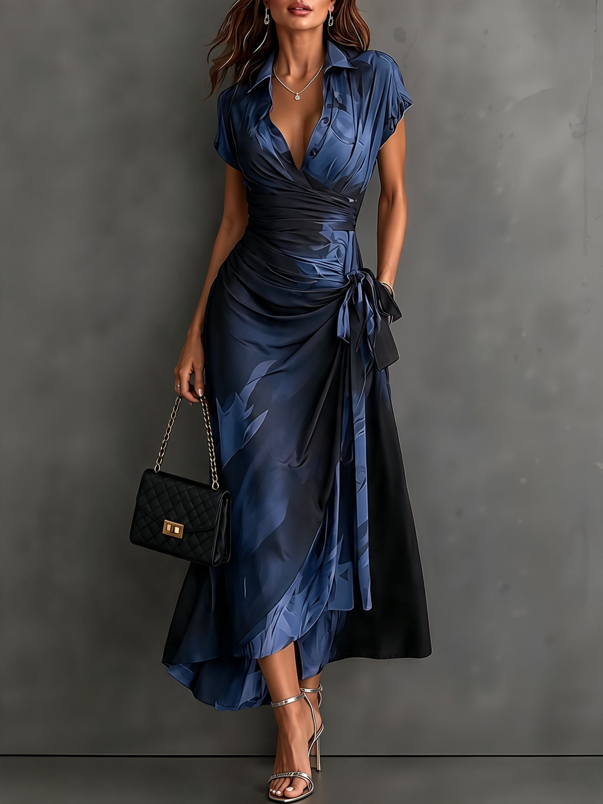 Model posing in a white abstract print wrap maxi dress, capturing movement and sophisticated style.