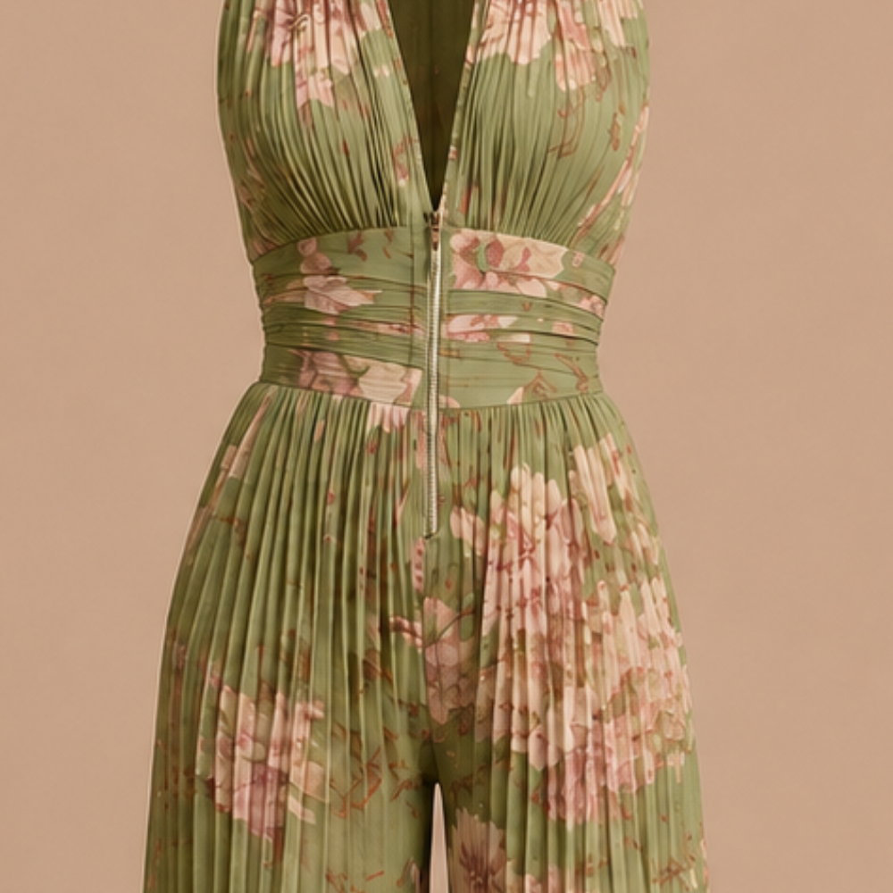 Detail shot of the convenient front zipper closure on the high-waist women's jumpsuit.
