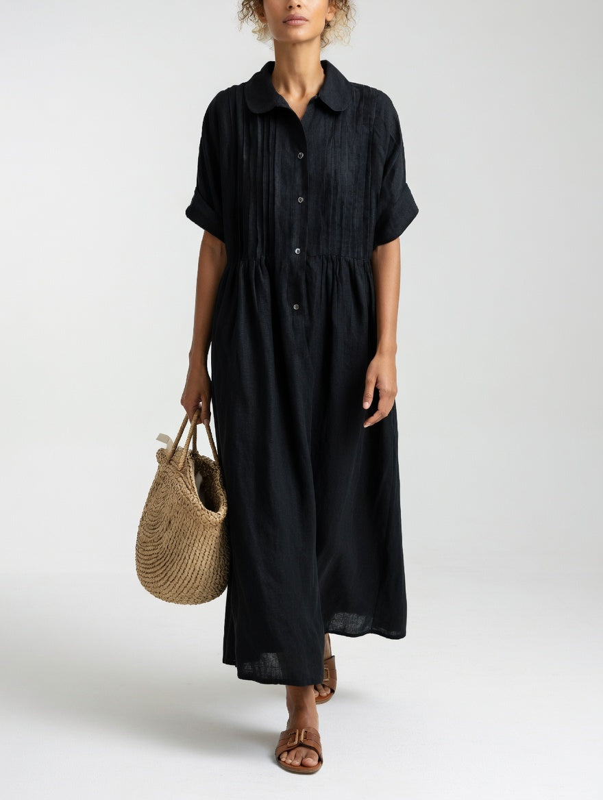 Khaki long shirt dress in a lifestyle shot, perfect for everyday wear and summer getaways with natural charm.