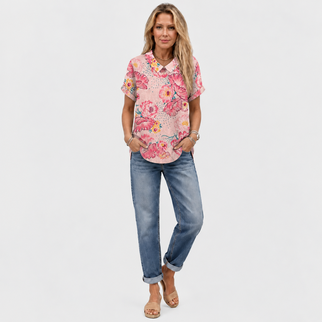 Dinah | Pink Floral Collared Top