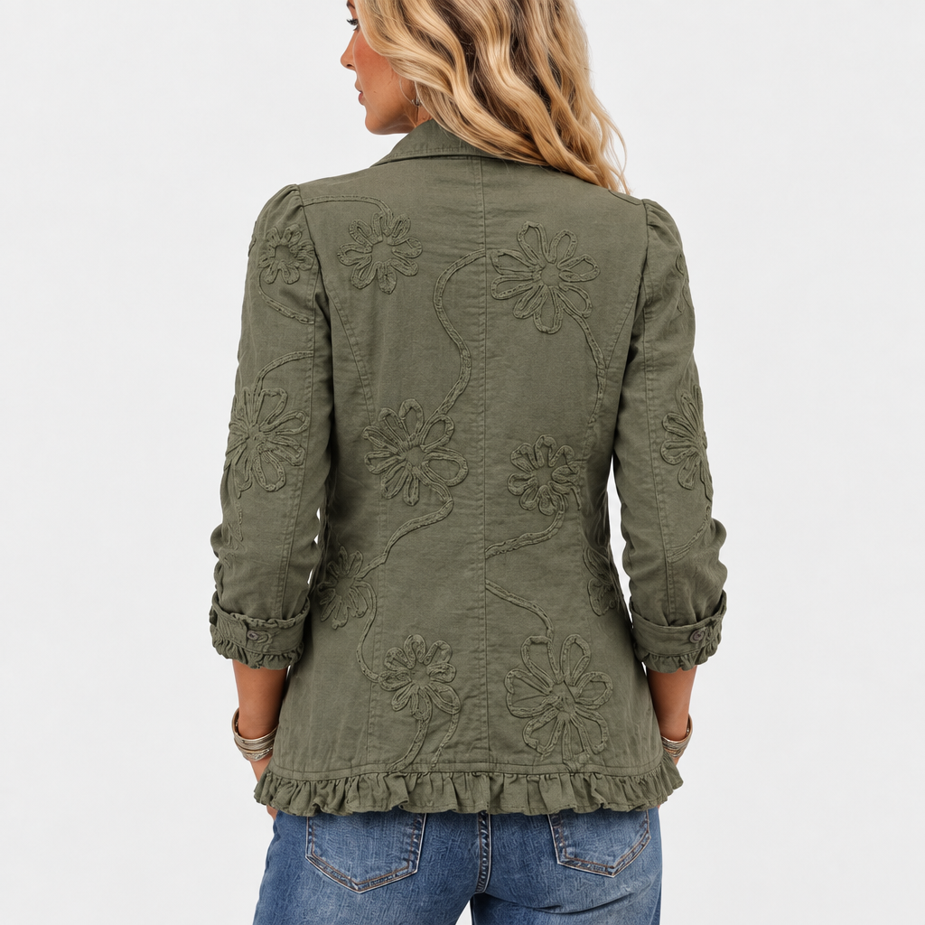 Marigold | Retro Green Floral Embroidered Ruffle Jacket