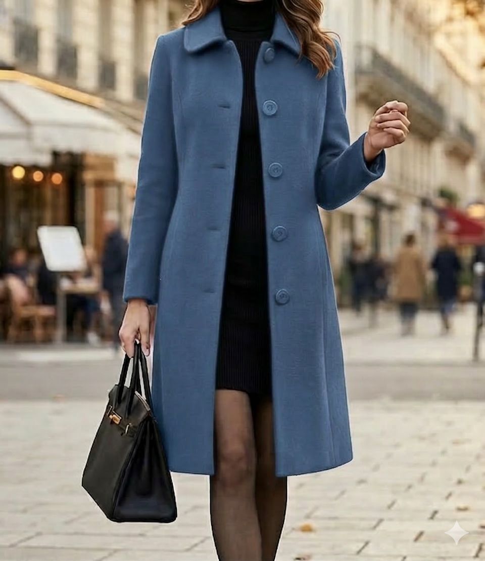 Lifestyle image of the Alessia classic coat paired with a scarf, illustrating its versatility for cooler weather and sophisticated layering.