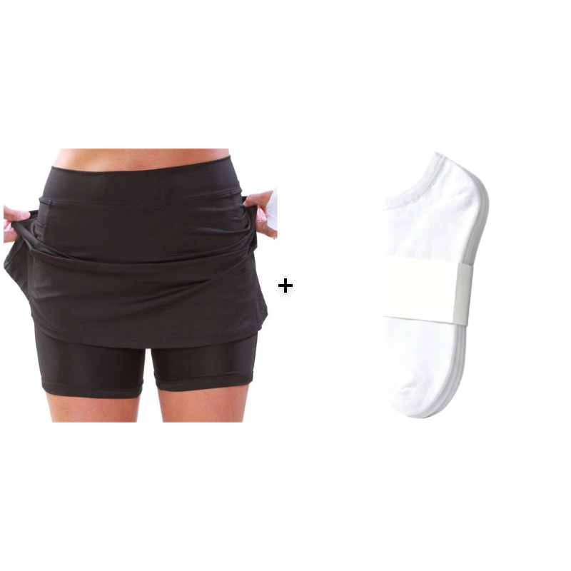 Woman with a backpack wearing a navy blue active skort, ready for adventure or travel.