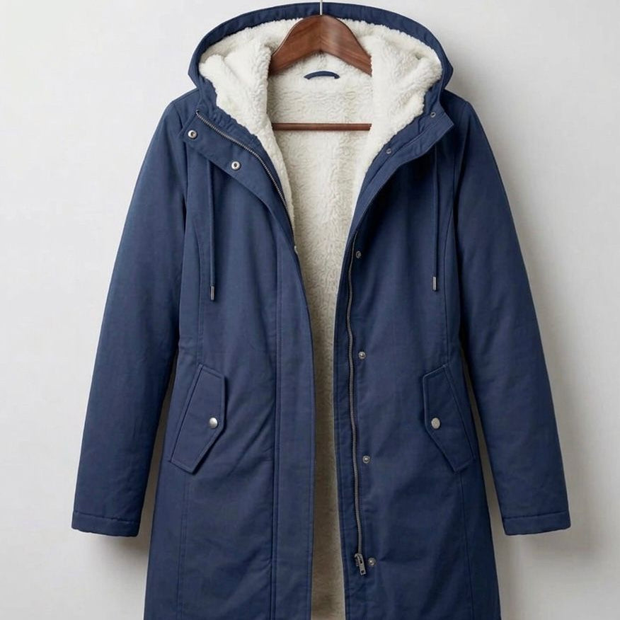Front view of the Elara waterproof fleece-lined parka in a dark color, showcasing its tailored fit and storm hood.