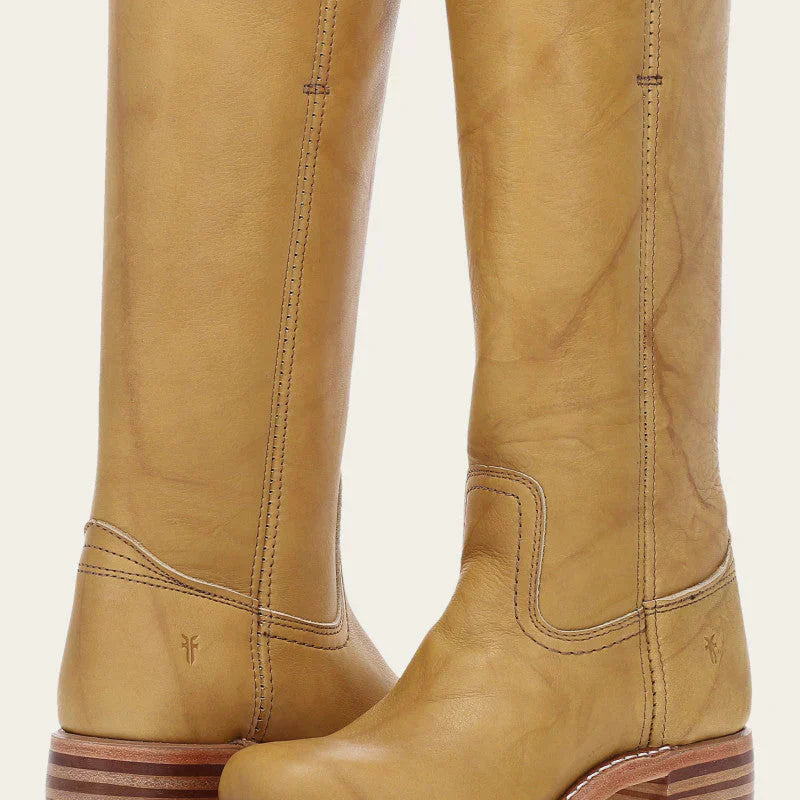 Full front view of Elara women's classic Western boots in light brown, showcasing the mid-calf design and subtle stitching.