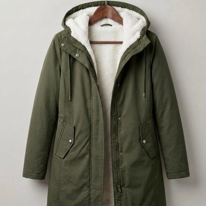 Lifestyle shot of someone walking in a park during light rain, comfortably wearing the Elara waterproof parka.