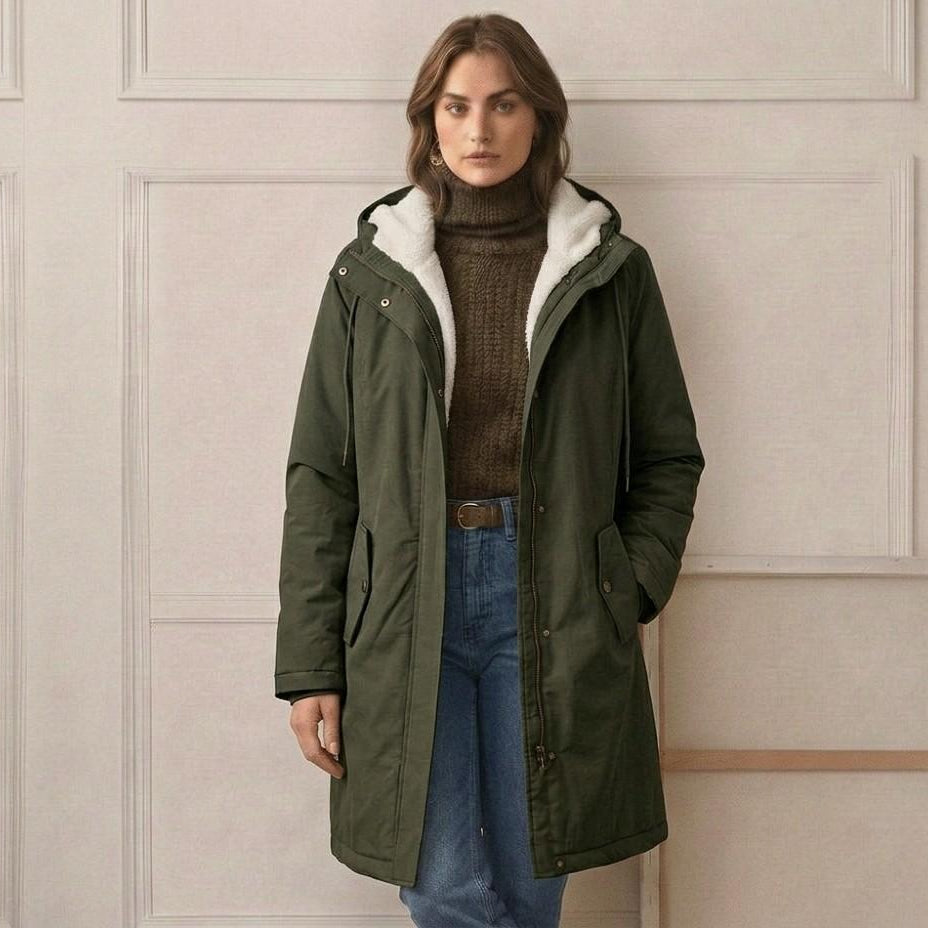 Image focusing on the Elara parka's pocket design, indicating practicality and secure storage.