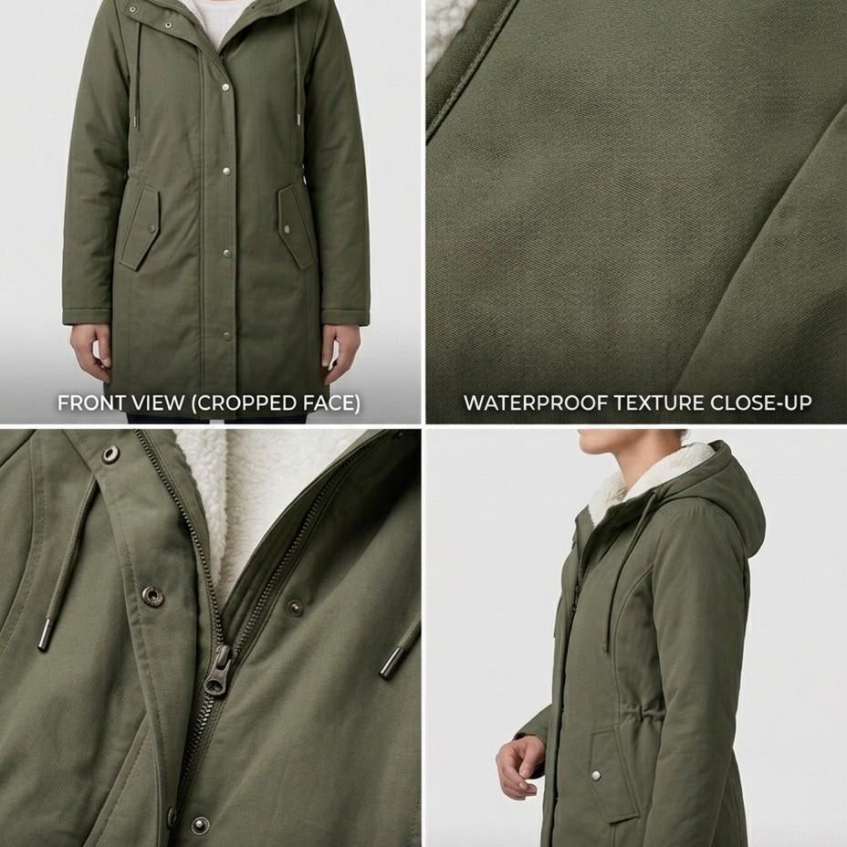 The Elara parka laid flat, showcasing its overall shape and design elements from a top-down perspective.
