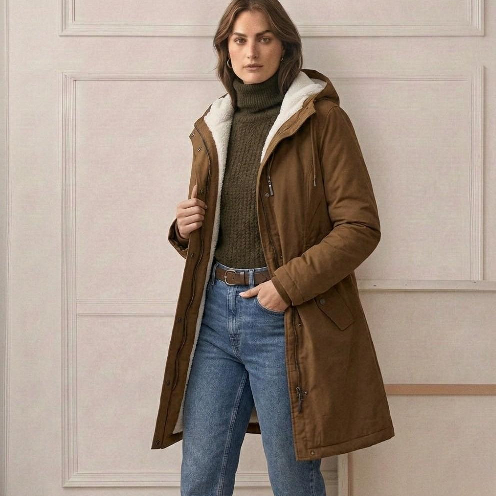 Model in the Elara parka adjusting the hood, illustrating its functional and snug fit.