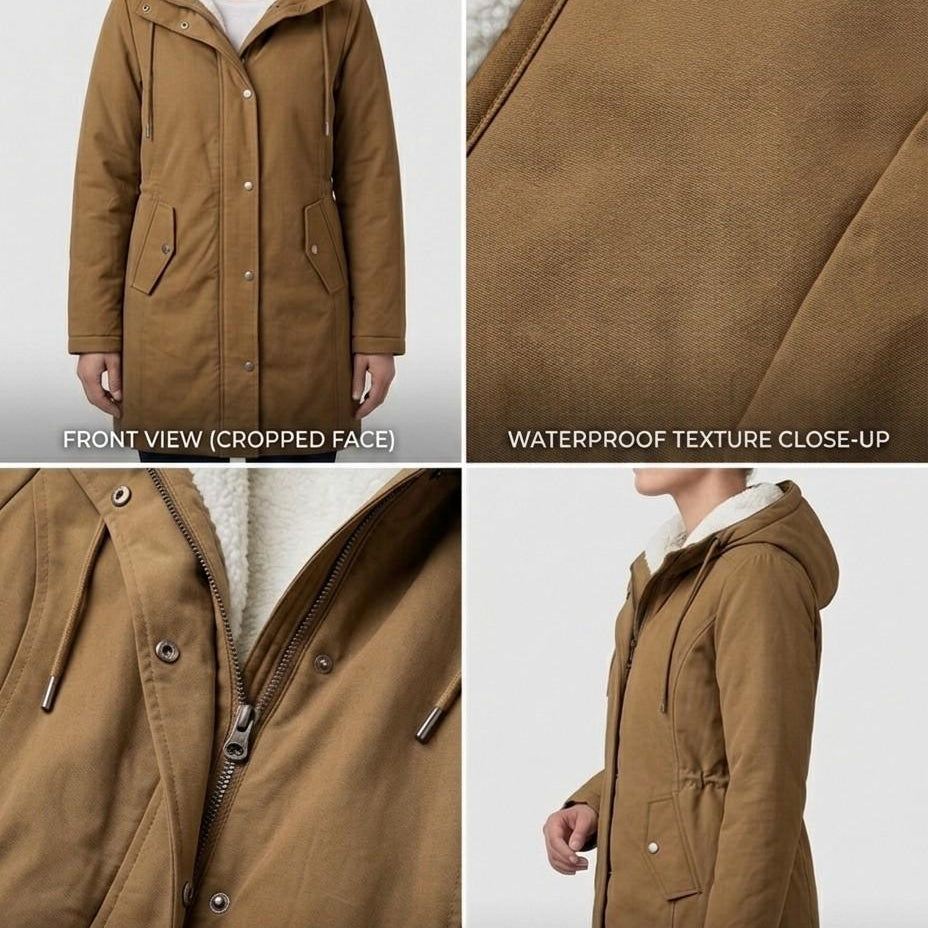 Close-up of the Elara parka's collar area when zipped up, showing the fleece warmth around the neck.