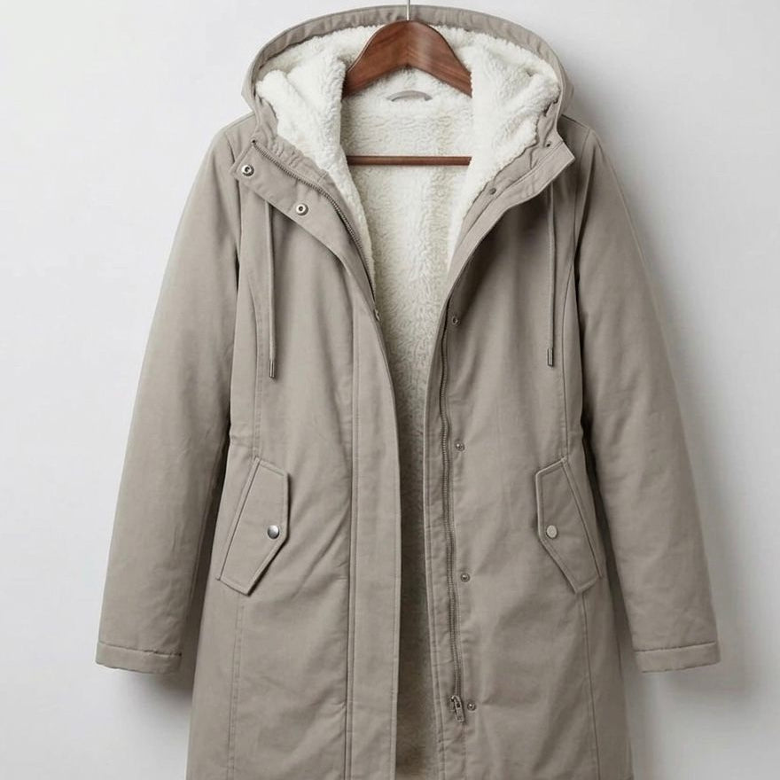 Another angle of the Elara waterproof parka, emphasizing its sleek silhouette and protective features.