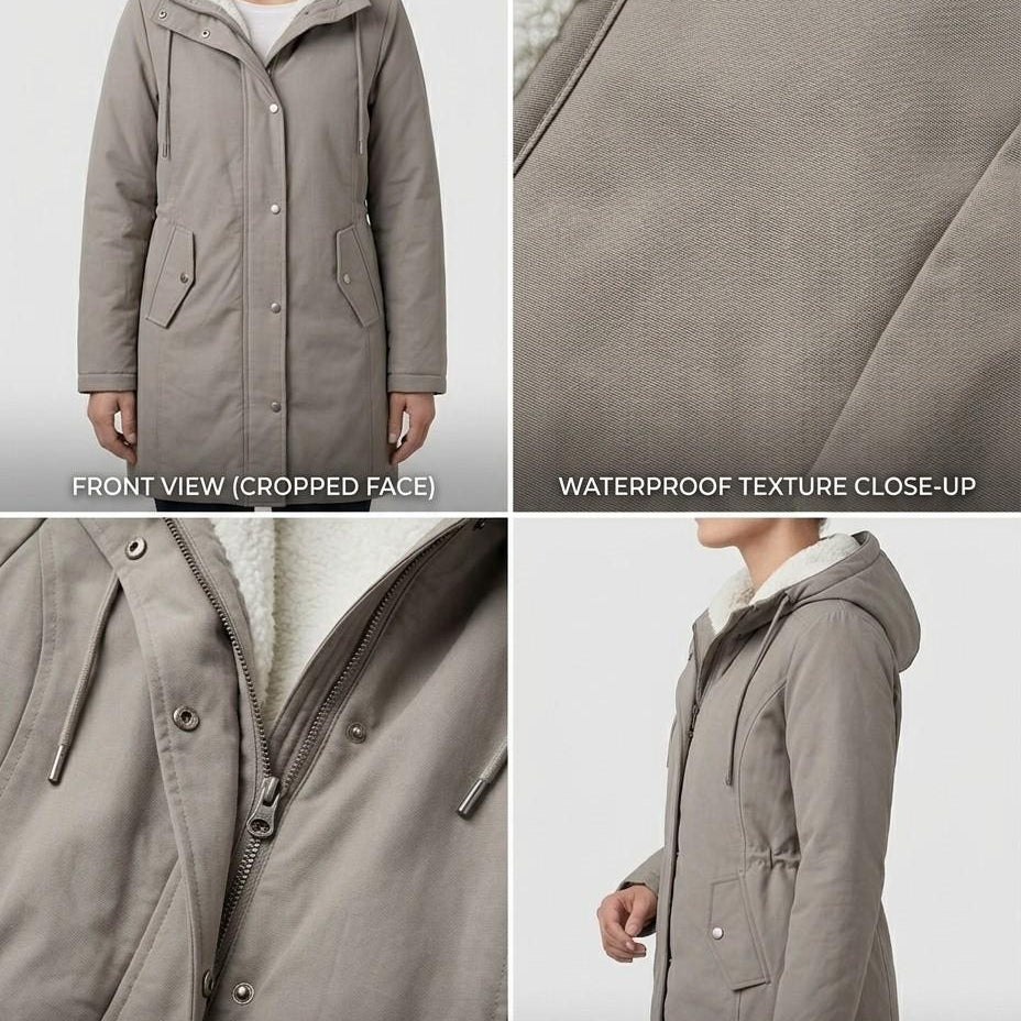 Detail shot of a small branding or logo element on the Elara waterproof parka, if applicable.