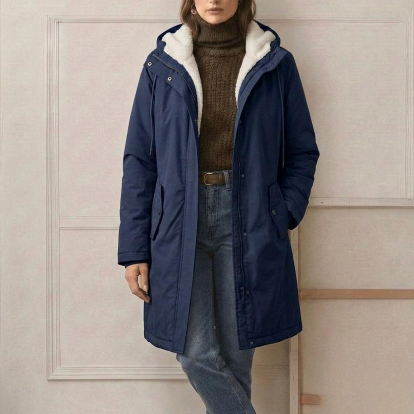 Side profile of the women's Elara parka, highlighting the subtle waist taper and practical length.
