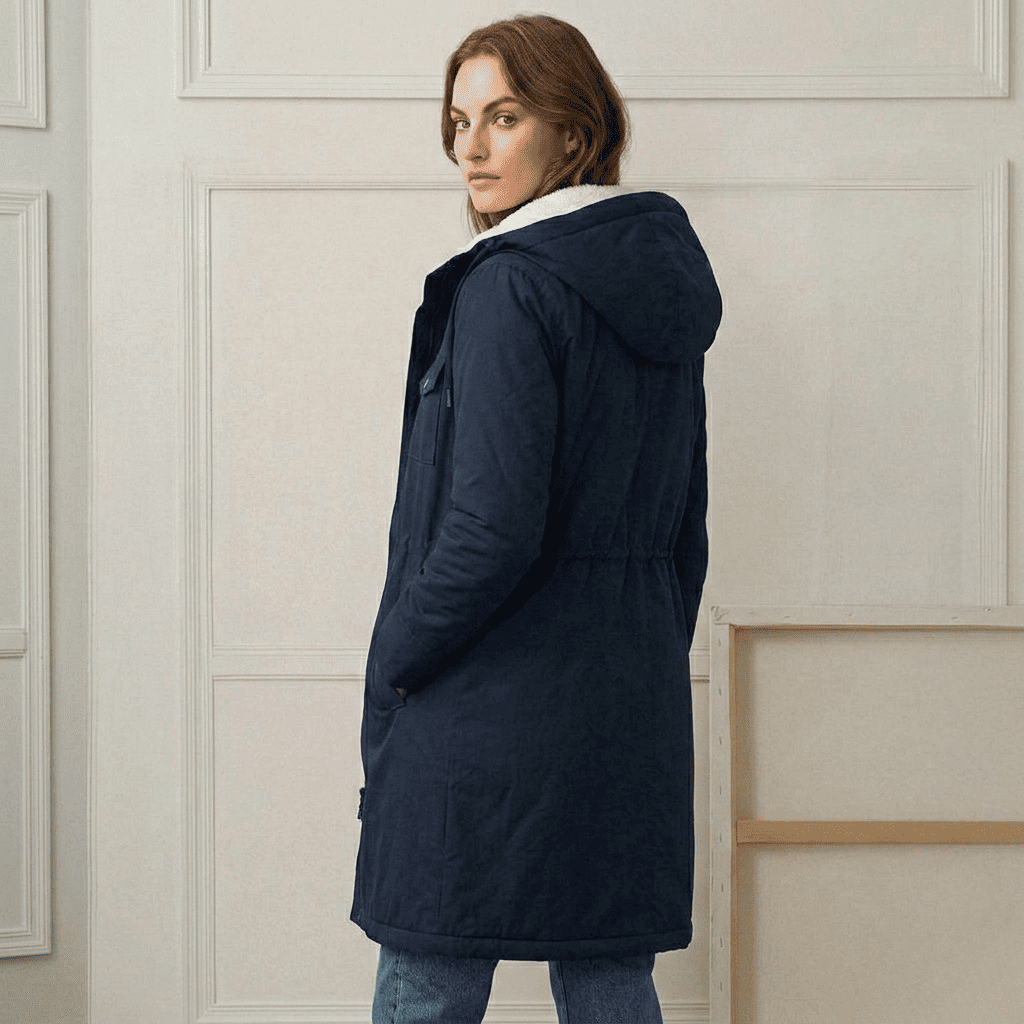 Back view of the Elara waterproof parka, emphasizing the smooth fabric and hood structure.