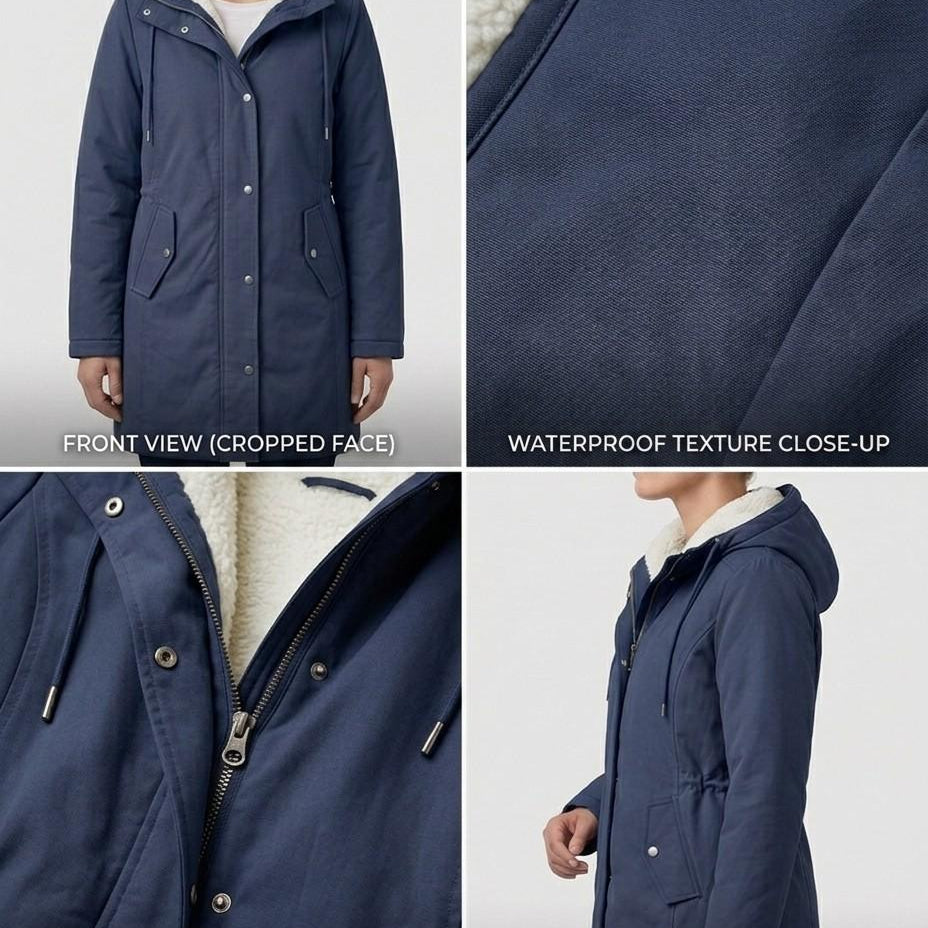 Close-up of the waterproof outer fabric texture on the Elara parka, showing its durable quality.