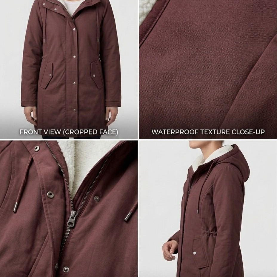 Model wearing the Elara waterproof parka in an outdoor setting, demonstrating its stylish appearance.