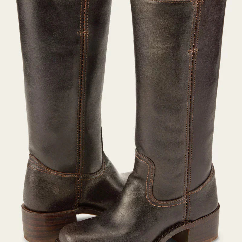 Close-up of the stacked block heel on the Elara classic Western boots, illustrating its sturdy construction and comfortable height.