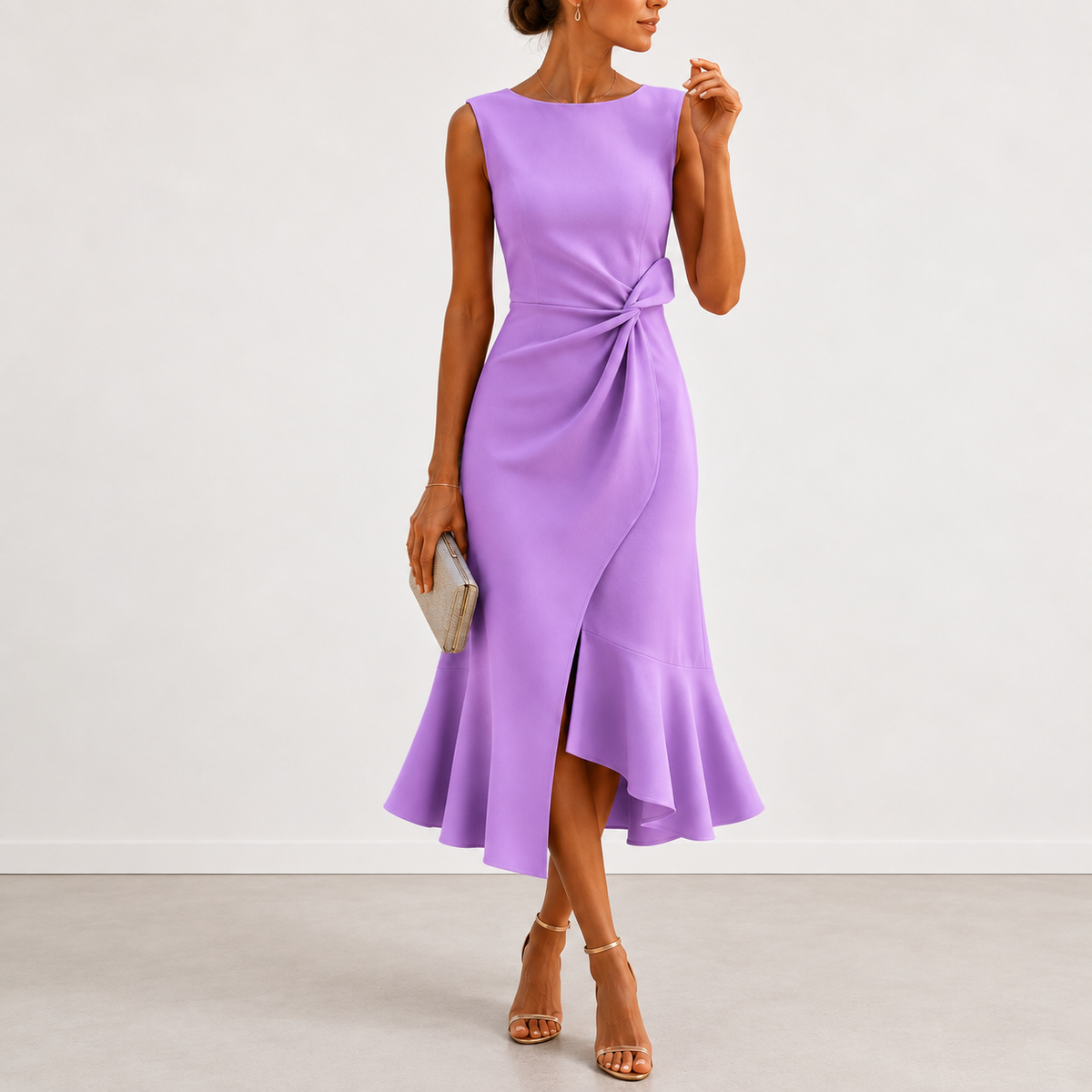 Lifestyle shot of the draped midi dress being worn at an outdoor celebration, paired with subtle accessories.