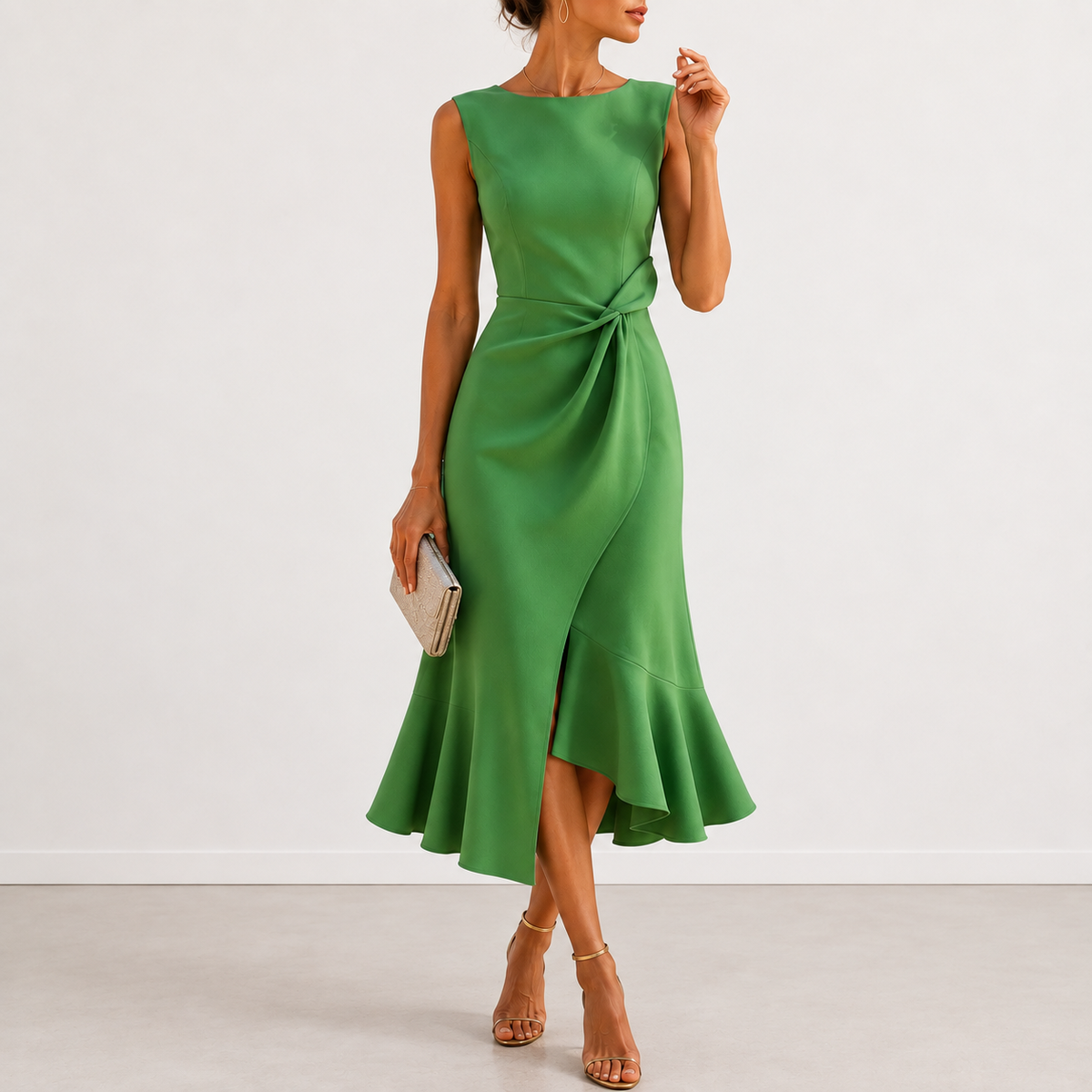 Detail of the high, rounded neckline and shoulder line of the Kiera elegant draped midi dress, with earrings.