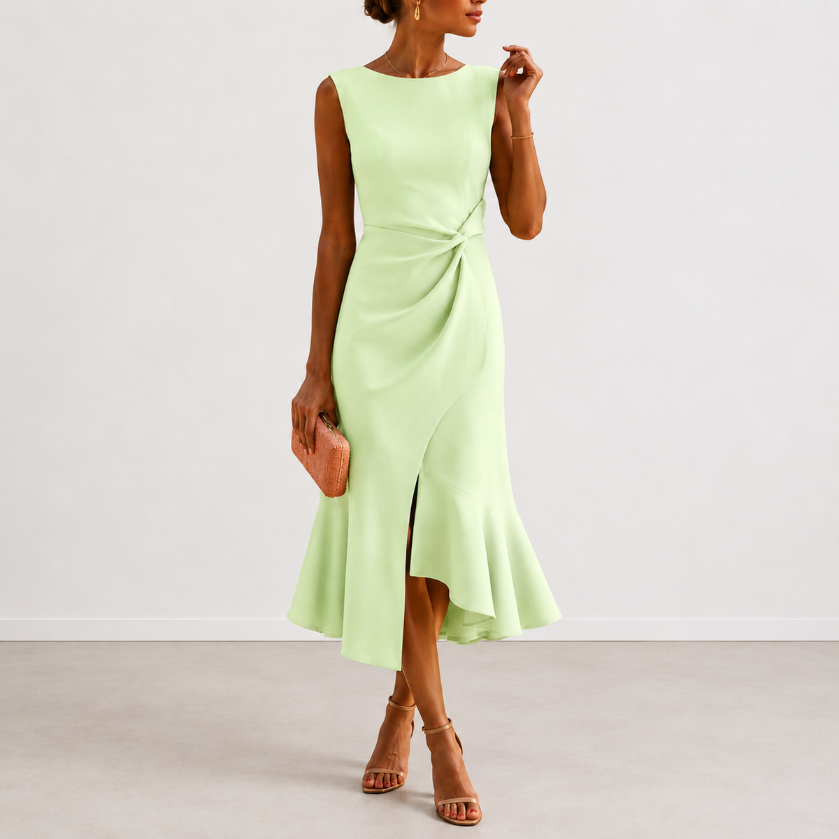 A collection of the nine available colors for the Kiera draped midi dress, neatly arranged for selection.