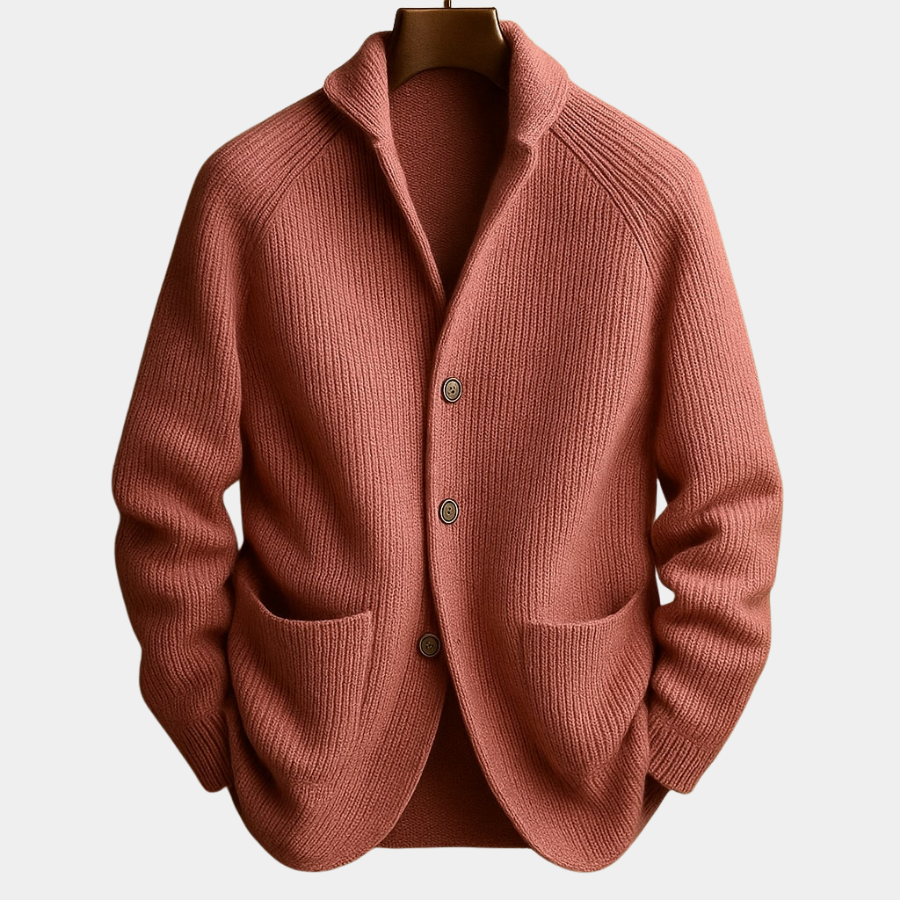 Front view of the Florian men's wool blend cardigan in a dark shade, showcasing its elegant shawl collar.