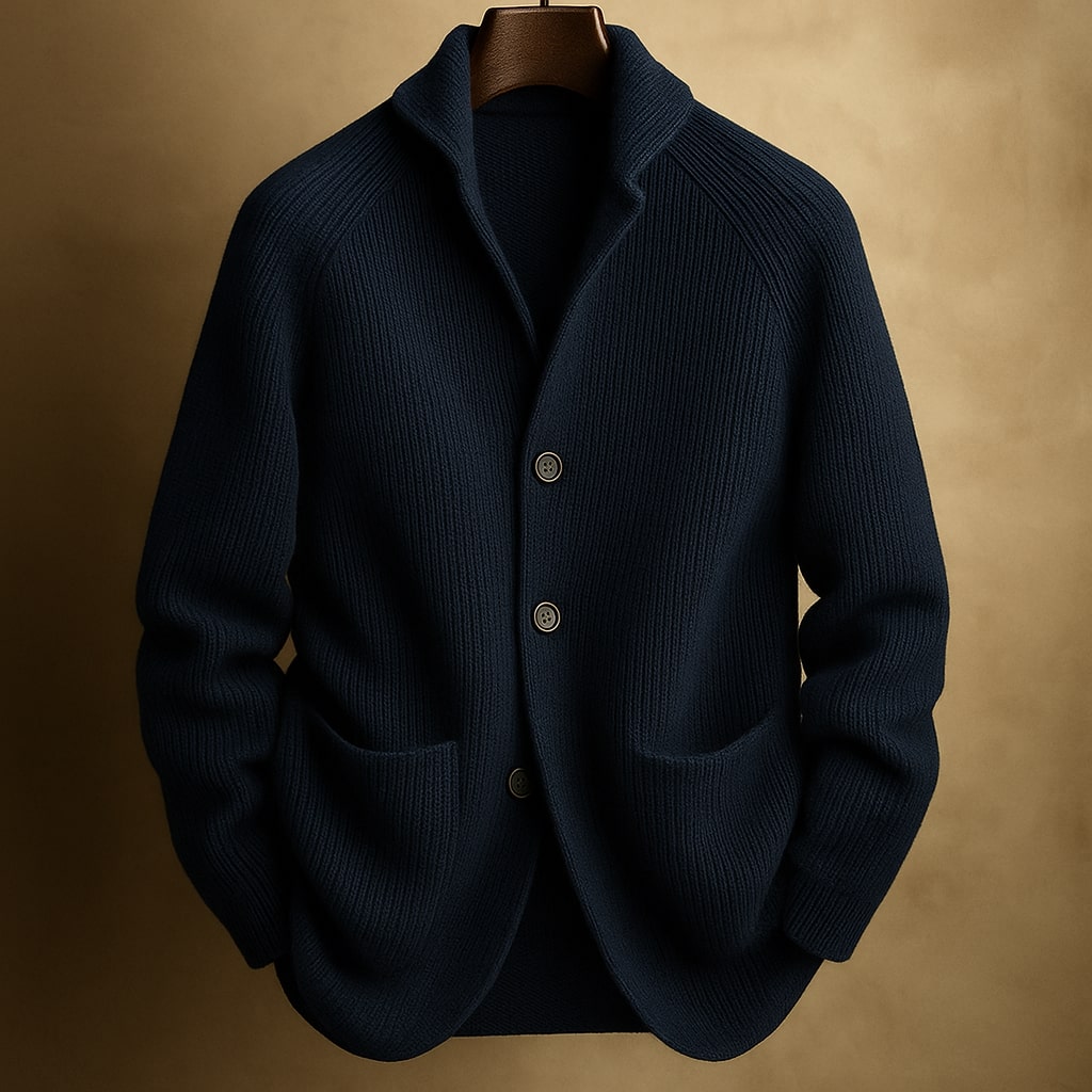 Detailed shot of the functional front pocket on the Florian men's wool blend cardigan, with hands casually placed.