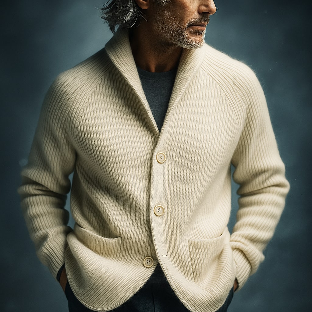 Angled view of the Florian men's wool blend cardigan, displaying its overall sophisticated appeal.