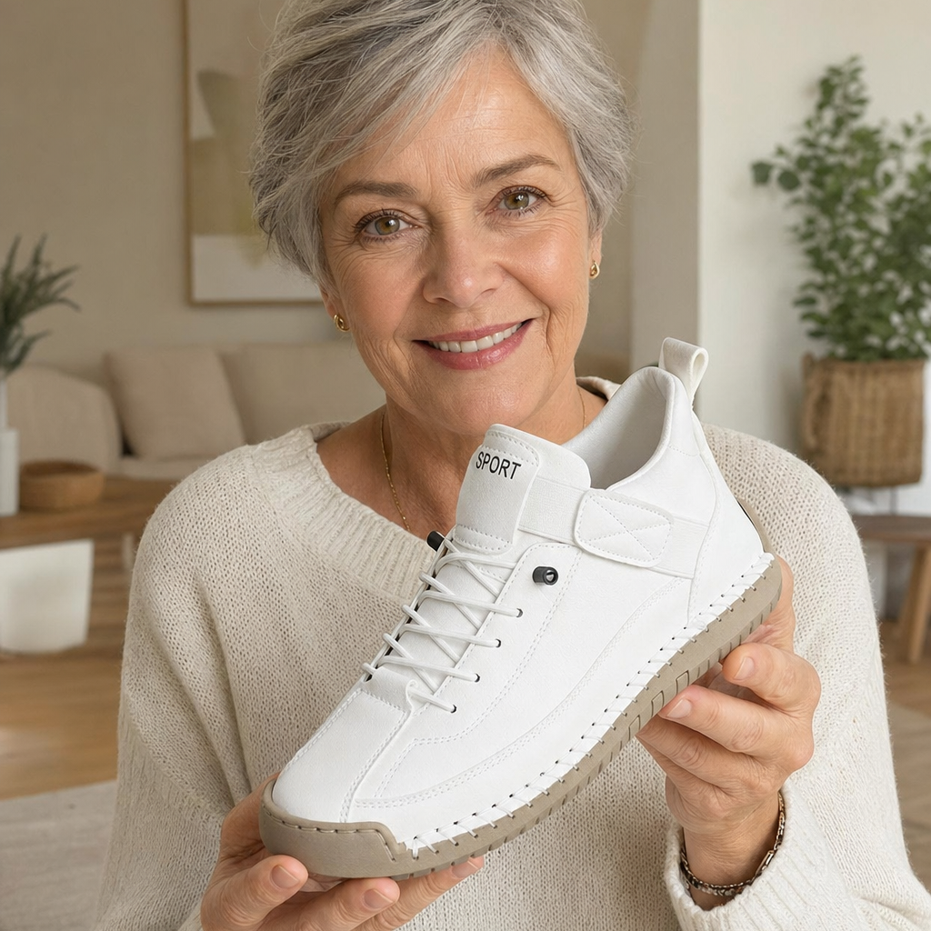 Holding the white Clover sneaker