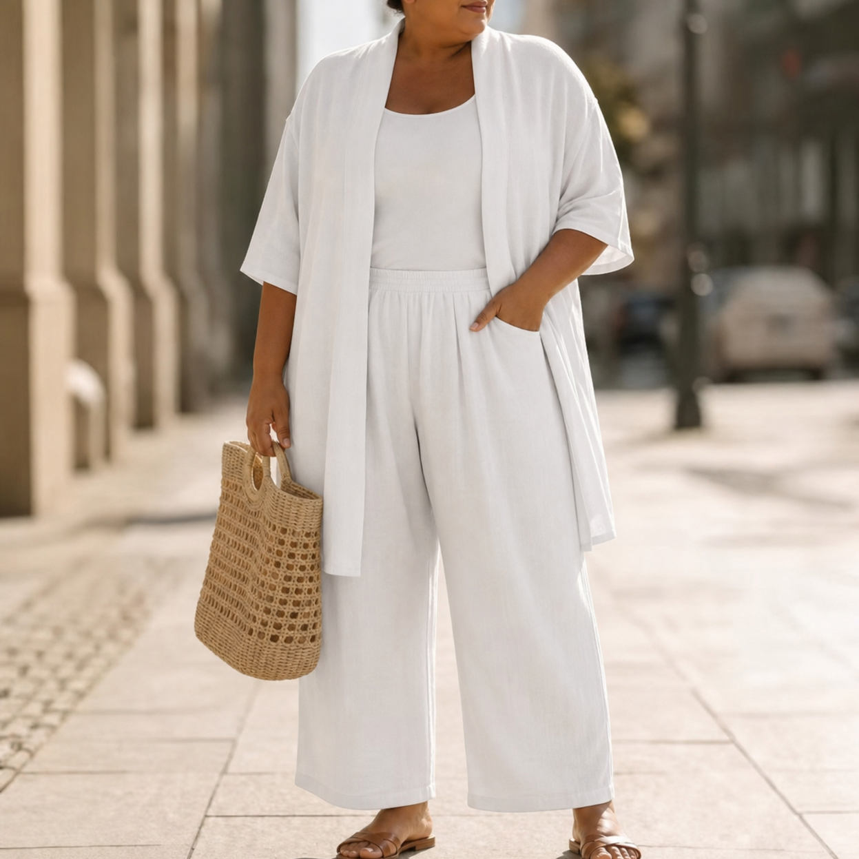Close-up detail of the linen-look fabric texture on the Hadassah elegant three-piece set in beige.
