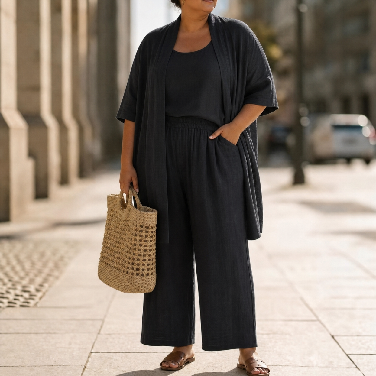 Model wearing the wide-leg trousers from the Hadassah set with a tucked tee, demonstrating mix-and-match versatility.