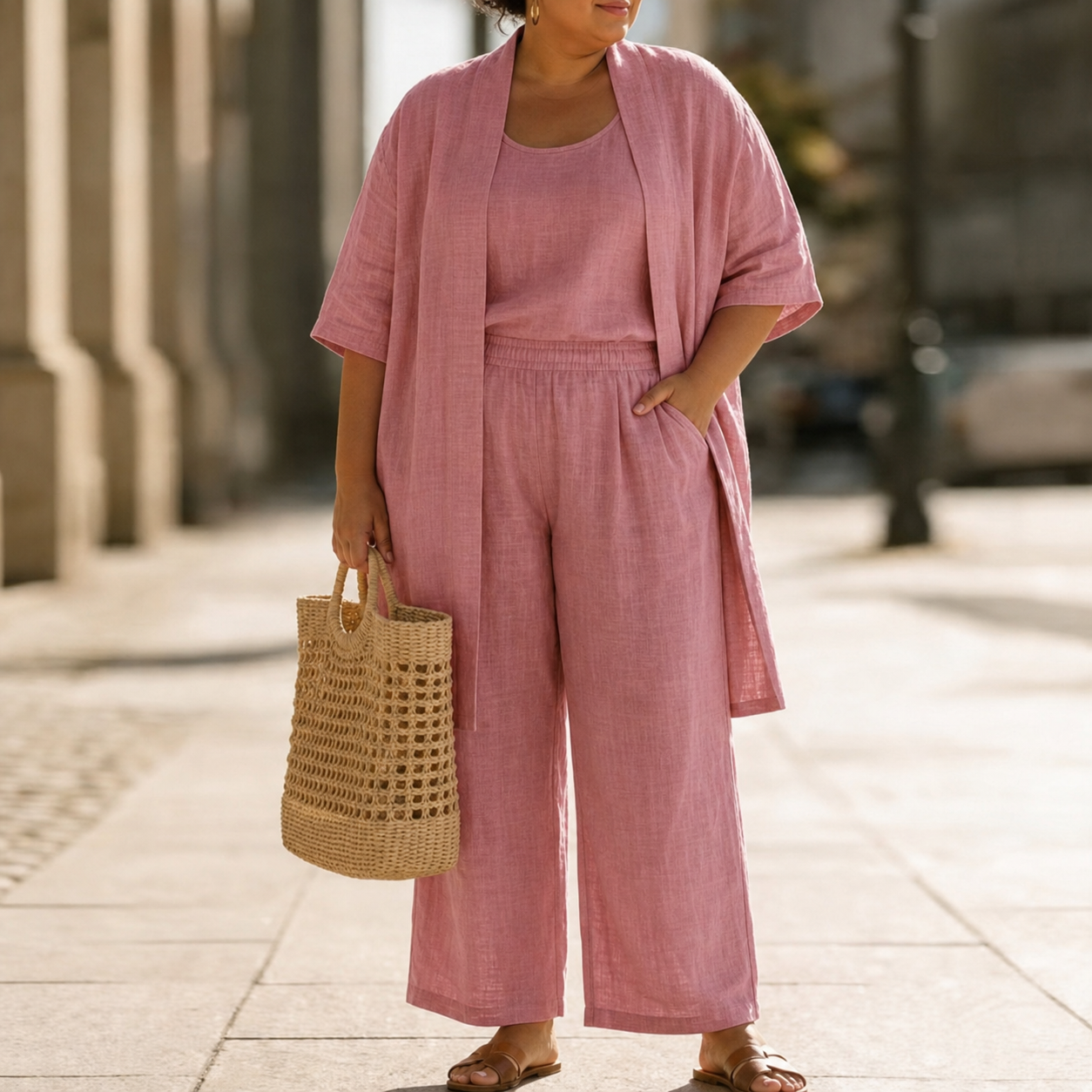 Lifestyle shot of the Hadassah elegant three-piece set in white, styled for a chic, comfortable look.