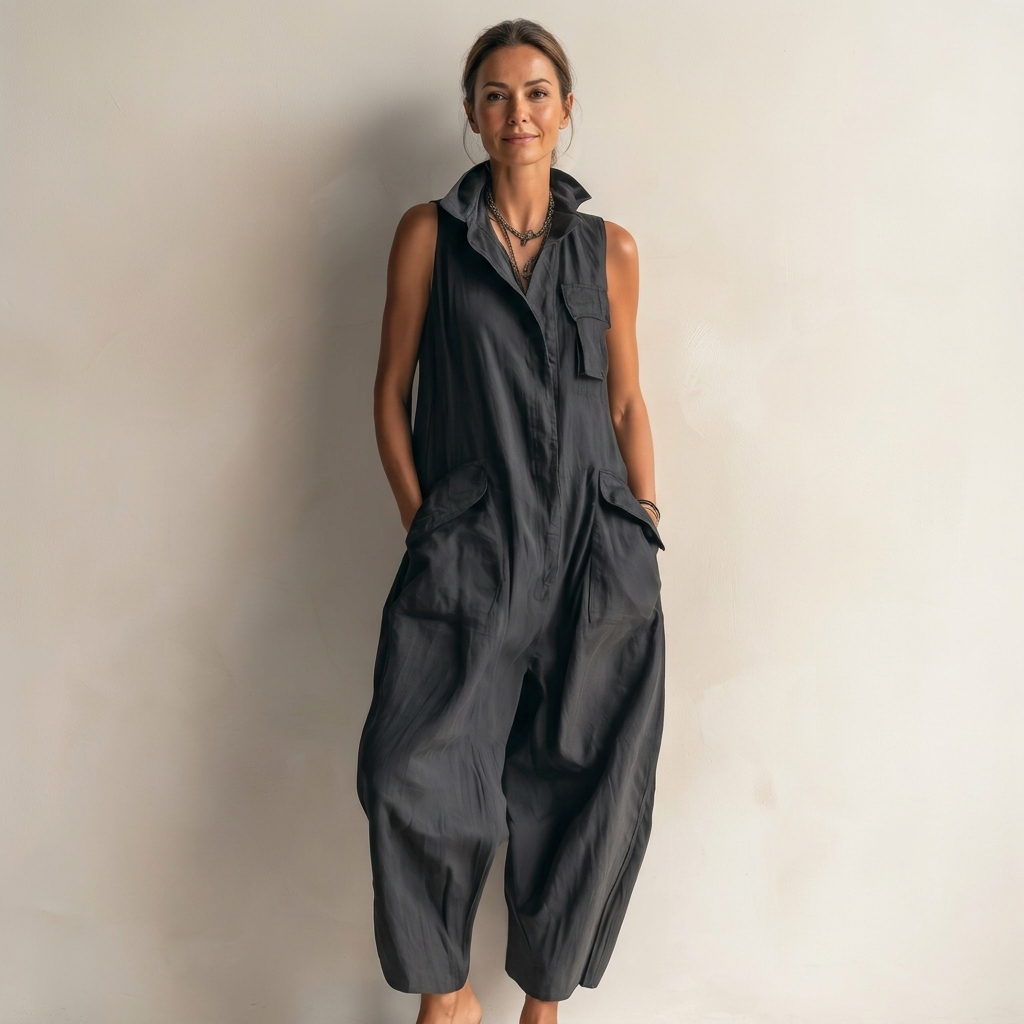 Front view of the Hazel utility sleeveless jumpsuit in black, showcasing the stand-up collar and button placket.