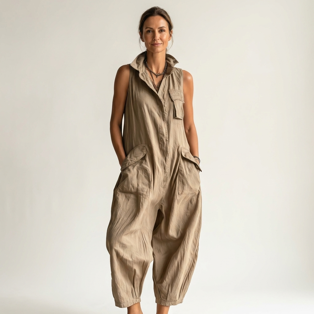 Model wearing the black utility sleeveless jumpsuit, styled casually for a daytime outing, emphasizing comfort.
