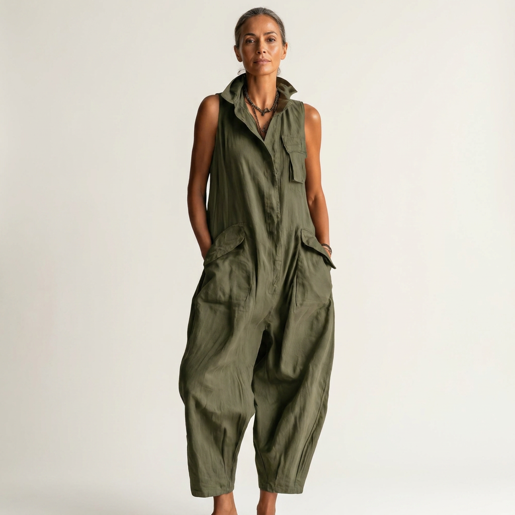 Lifestyle image of the khaki sleeveless jumpsuit, demonstrating its ease of movement and relaxed fit for various activities.