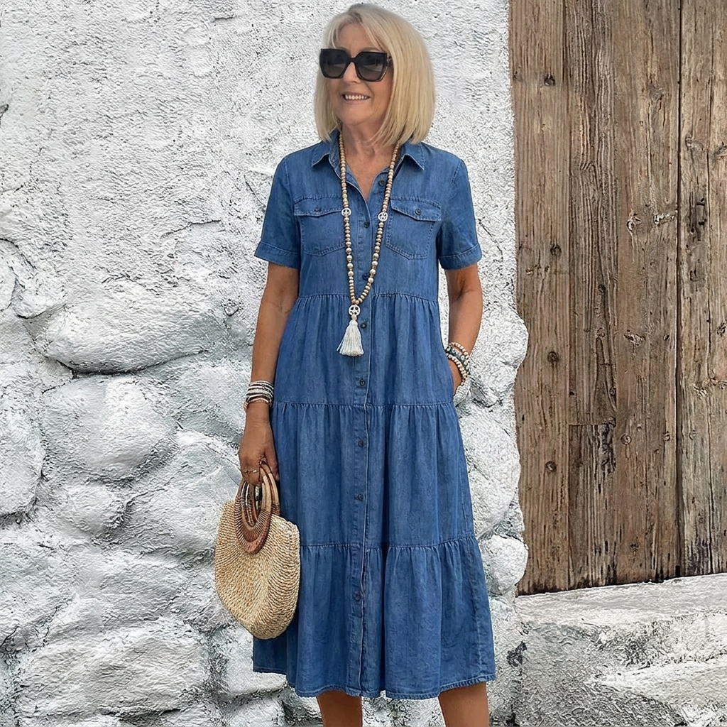 Woman walking outdoors, demonstrating the flowing movement of the tiered skirt on the Navy Blue Odelia tiered midi dress.