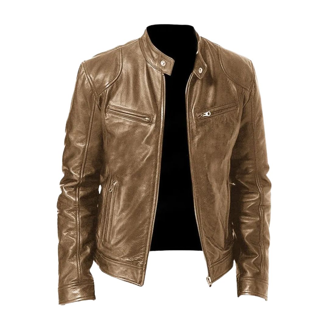 Model from behind, showcasing the fit of the Hugo men's leather jacket in a dark shade.