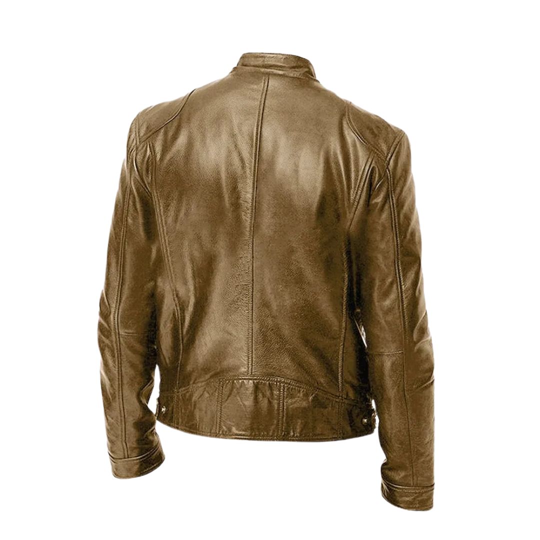 Hugo men's leather jacket in dark blue, styled with a sophisticated blouse for contrast.