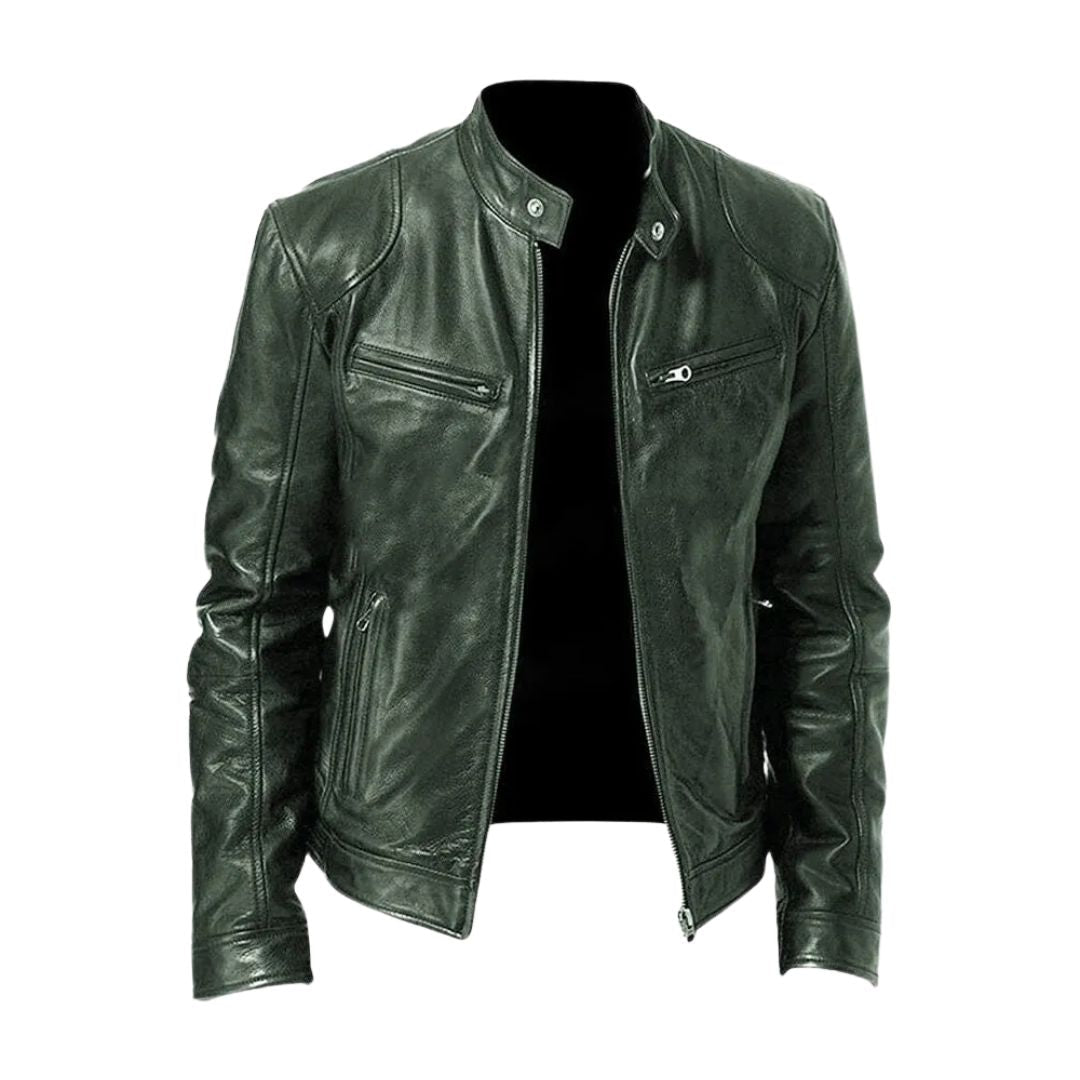 Full-length shot of the Hugo men's leather jacket in burgundy, draped elegantly.