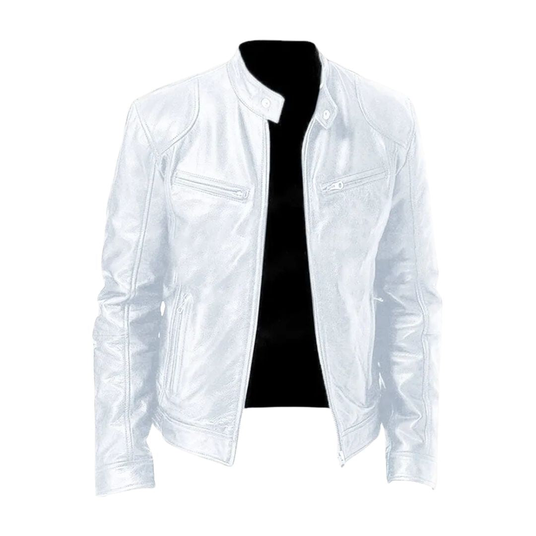 Close-up of the shoulder seam and stitching on the Hugo men's leather jacket.