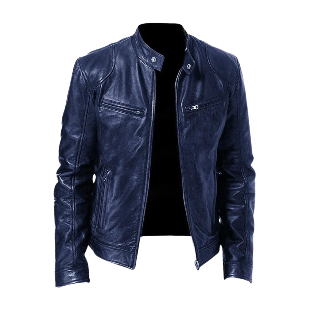 Model walking, wearing the Hugo men's leather jacket in grey, demonstrating movement.