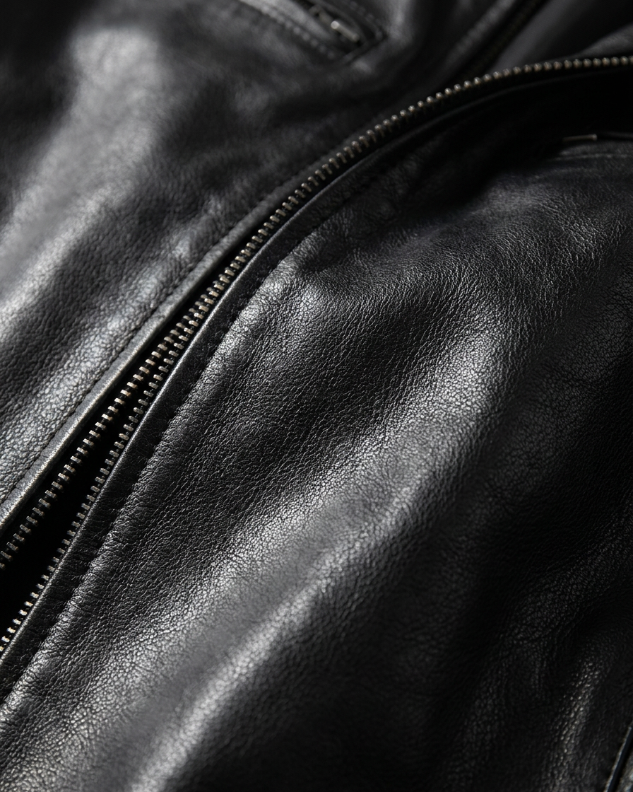 Side profile of the Hugo men's leather jacket, highlighting the tailored fit and arm details.