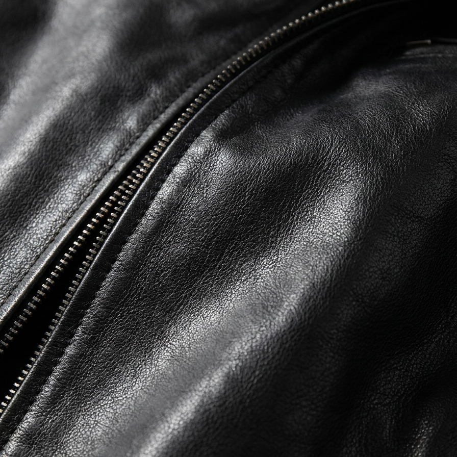 Side profile of the Hugo men's leather jacket, highlighting the tailored fit and arm details.